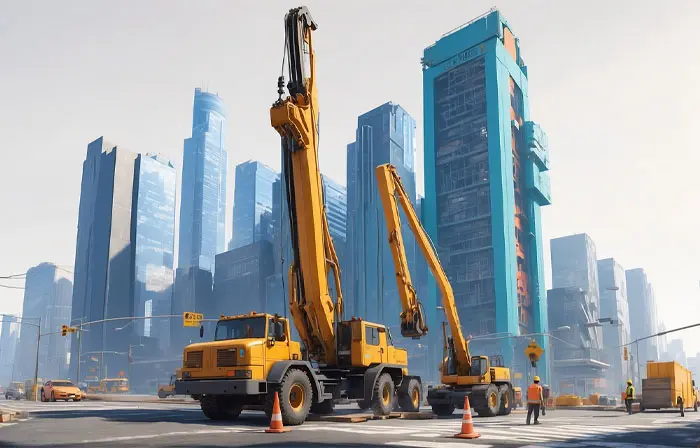 Construction Equipment with a City in the Background 3D Picture Art Illustration image